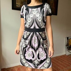 Emilio Pucci black white gray and lavender patterned silk mini dress
